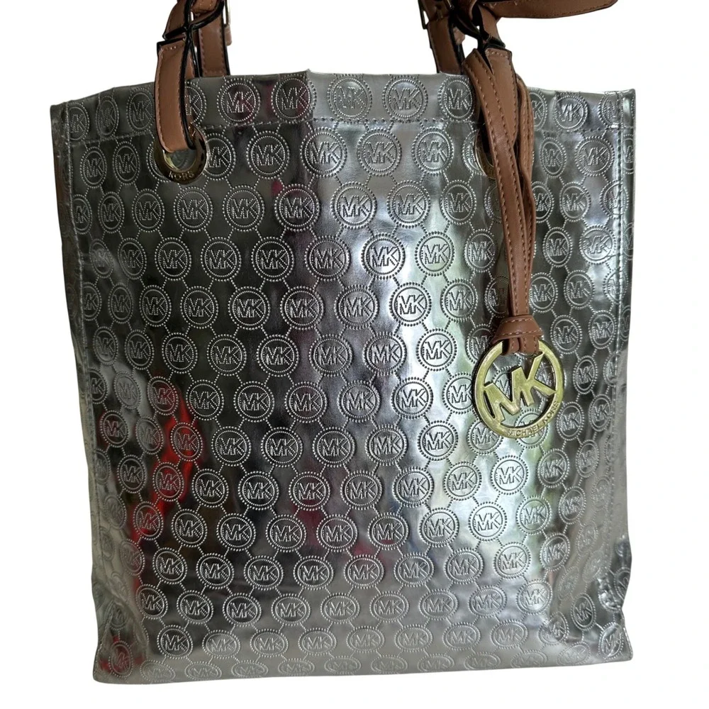 Michael Kors Metallic Silver Embossed Logo Statement Tote Bag Tan Leather Straps